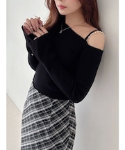 アシメパールチェーンワンショルニット