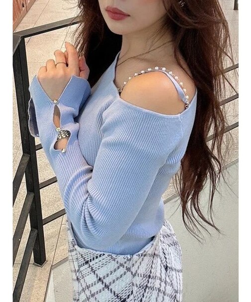 アシメパールチェーンワンショルニット