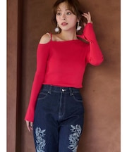 アシメパールチェーンワンショルニット