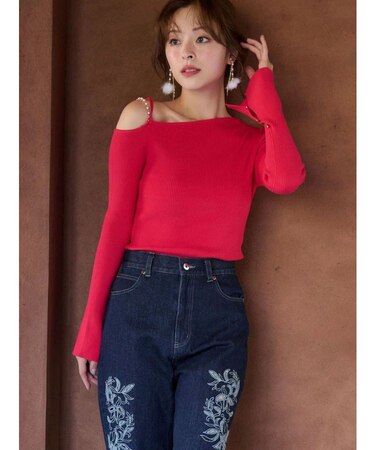 アシメパールチェーンワンショルニット