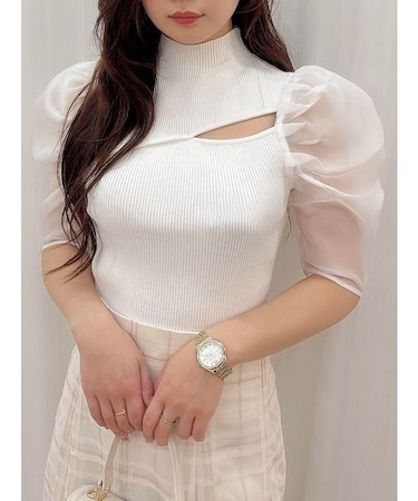 2WAY異素材パフスリーブカットアウトニット