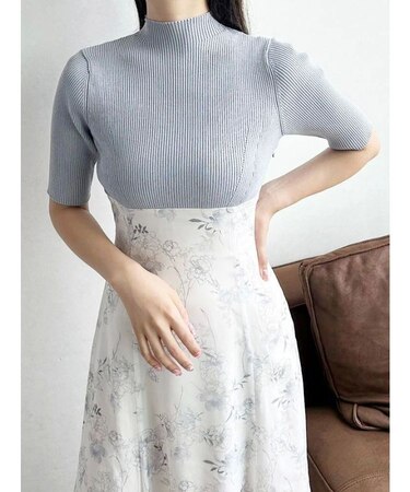 レイヤード花柄ニットドッキングワンピース