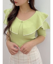 オープンショルダーラッフルハーフスリーブニット