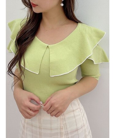 オープンショルダーラッフルハーフスリーブニット