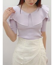 オープンショルダーラッフルハーフスリーブニット