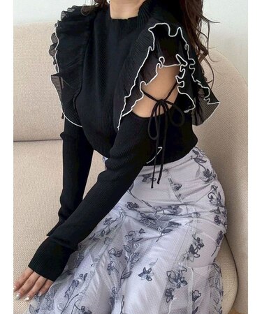 異素材プリーツラッフルリブニット