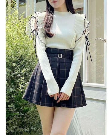 異素材プリーツラッフルリブニット