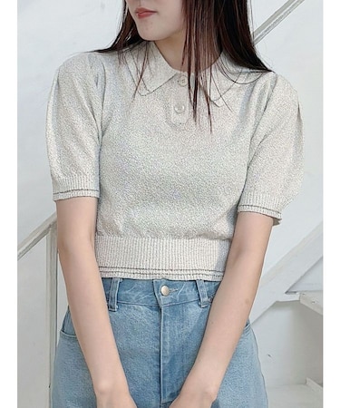 ラメポロニットトップス