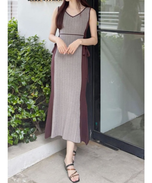 チェックサイドレースアップニットワンピース