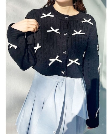 配色リボンニットカーデ