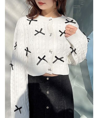 配色リボンニットカーデ