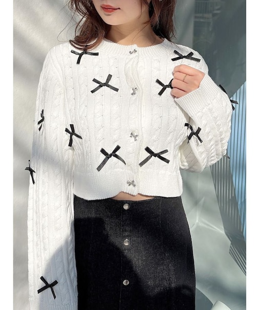 配色リボンニットカーデ