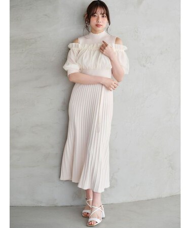 異素材ドッキングオフショルニットハーフスリーブワンピース