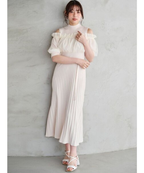 異素材ドッキングオフショルニットハーフスリーブワンピース