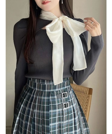 異素材リボンカットアウトニット