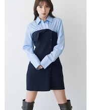 【WEB限定カラーあり】シャツレイヤード風ニットドッキングミニワンピース