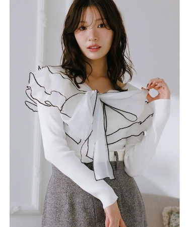 異素材ラッフルリボンリブニット