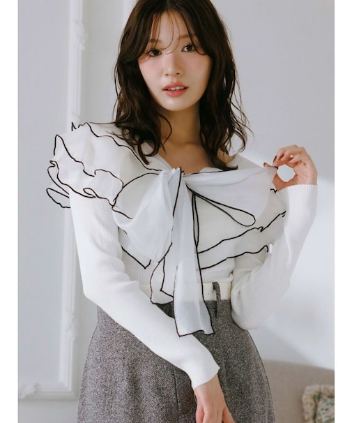 異素材ラッフルリボンリブニット