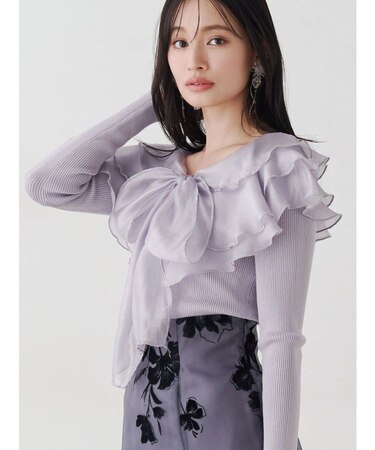 異素材ラッフルリボンリブニット