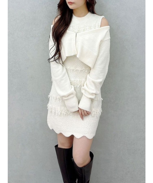 ツイードニットミニワンピースカーデアンサンブル