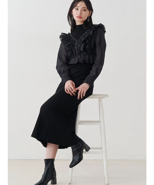 異素材ドッキングラッフルニットワンピース