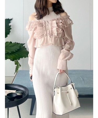 異素材ドッキングラッフルニットワンピース