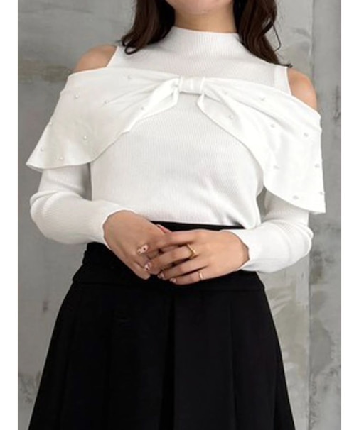 オフショルリボンパールニット