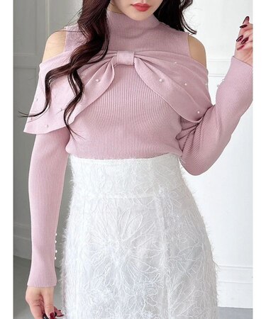 オフショルリボンパールニット