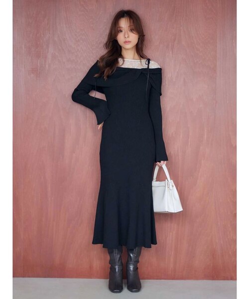 レース切替オフショルニットワンピース｜マーキュリーデュオの通販