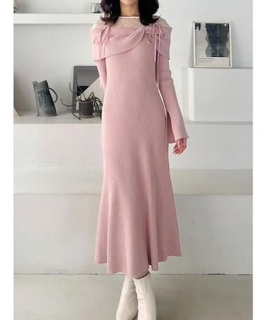 レース切替オフショルニットワンピース