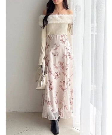 花柄オフショルニットドッキングワンピース
