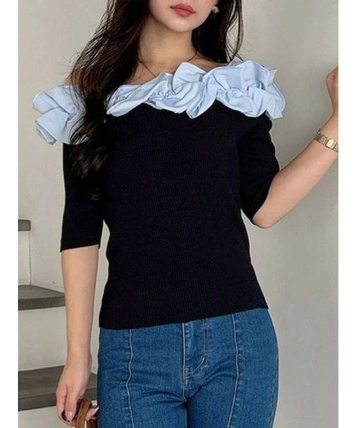 2WAY異素材ランダムラッフルニット