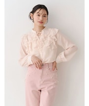 シフォンロングスリーブラッフルブラウス