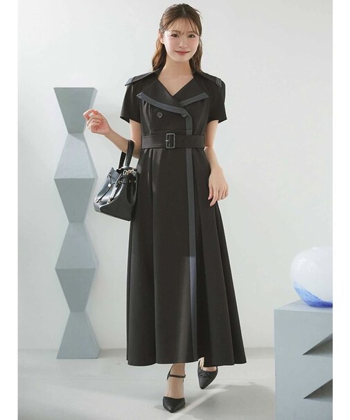 バイカラーハーフスリーブトレンチフレアワンピース