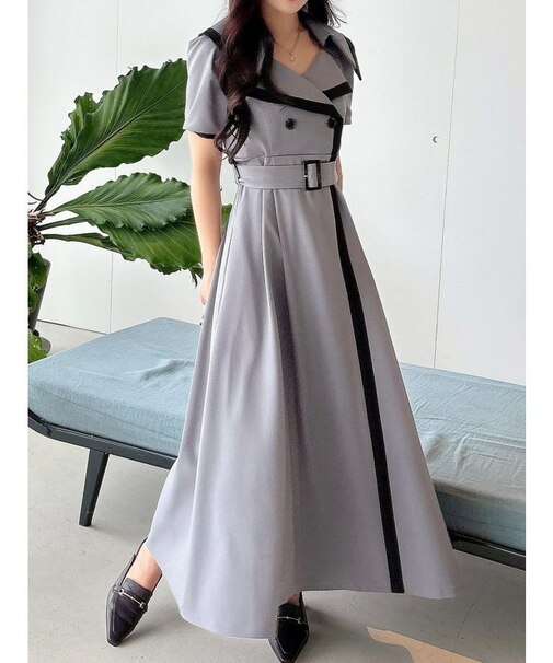 バイカラーハーフスリーブトレンチフレアワンピース