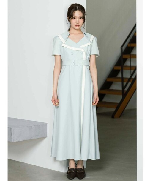 バイカラーハーフスリーブトレンチフレアワンピース