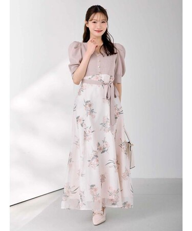 ブーケ花柄ニットドッキングワンピース