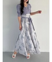 ブーケ花柄ニットドッキングワンピース