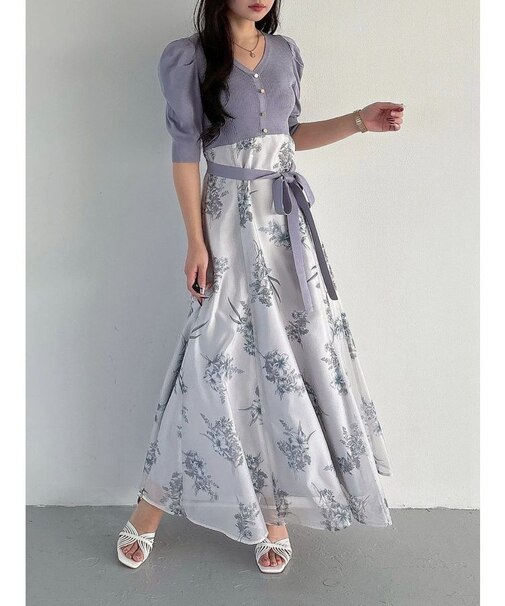 ブーケ花柄ニットドッキングワンピース