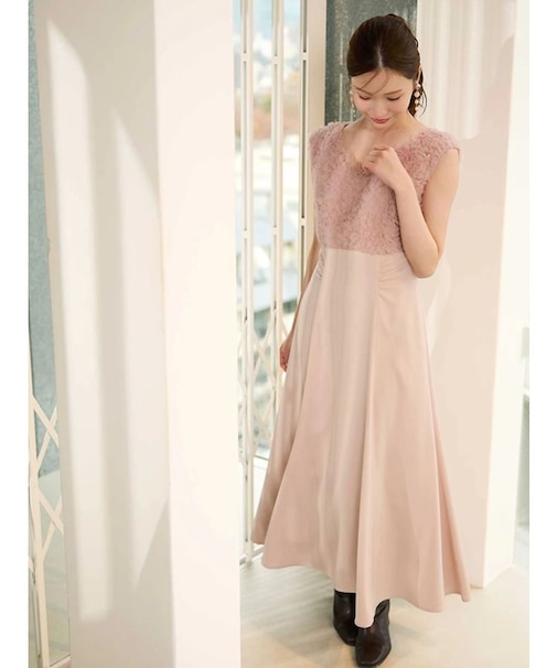 チュールフリルドッキングサテンワンピース