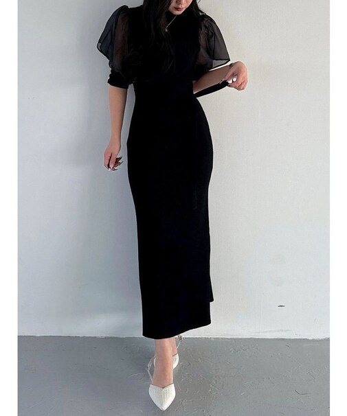 異素材スリーブリブマーメイドワンピース