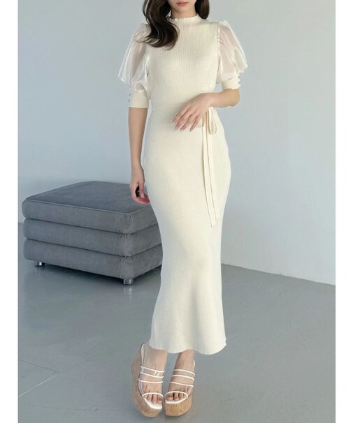 異素材スリーブリブマーメイドワンピース