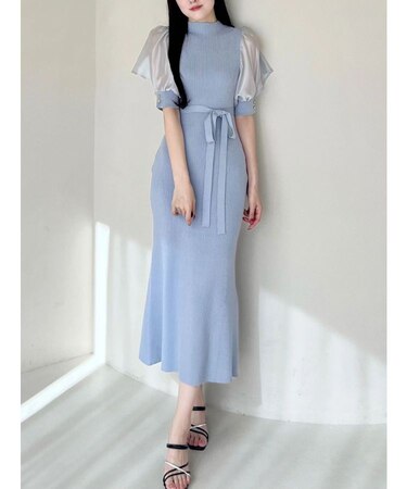 異素材スリーブリブマーメイドワンピース