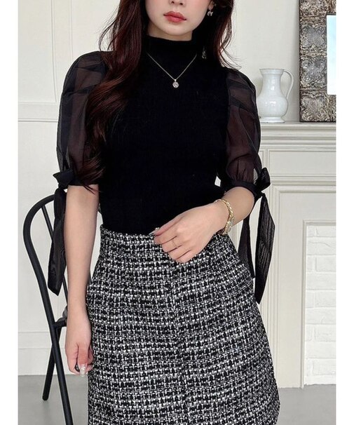 異素材リボンスリーブニット