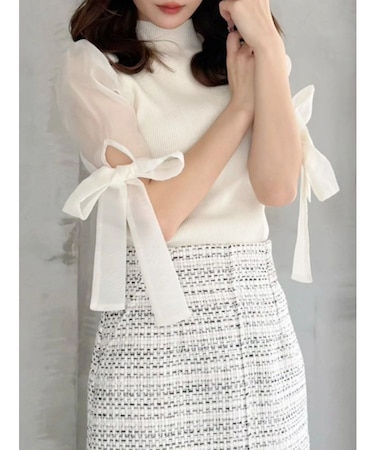 異素材リボンスリーブニット