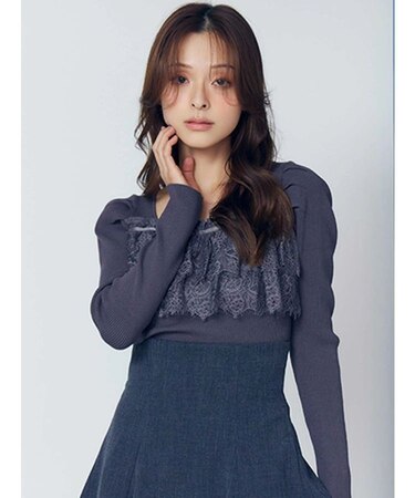 異素材レースフリルニット