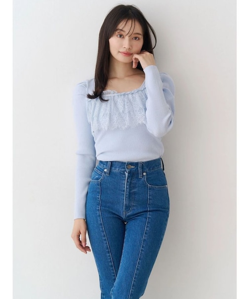 異素材レースフリルニット