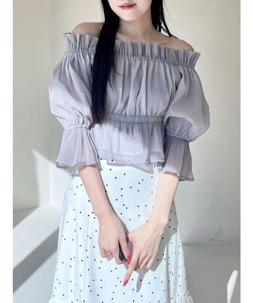 2WAYオフショル五分袖シャーリングブラウス