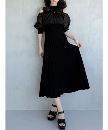 異素材ドッキングプリーツフレアニットワンピース