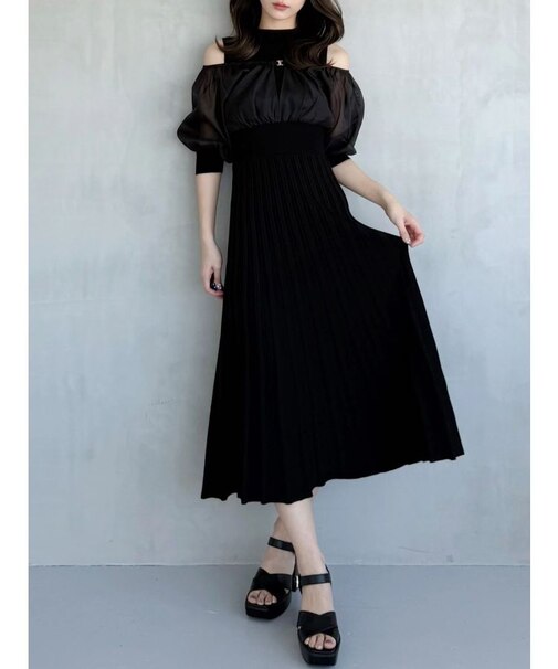 異素材ドッキングプリーツフレアニットワンピース